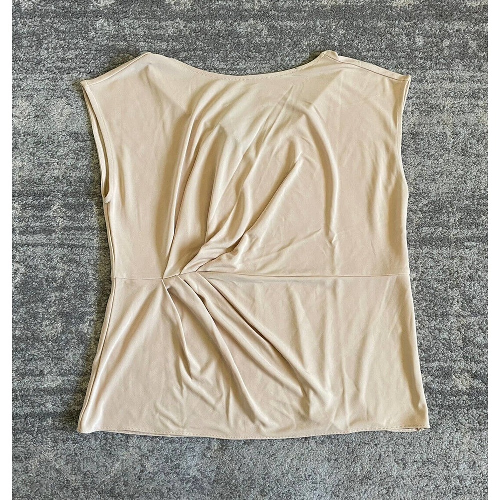 Alfani Womens M Blouse Tan Short Sleeve Top Back V-Neck Terra Nova NWT P1